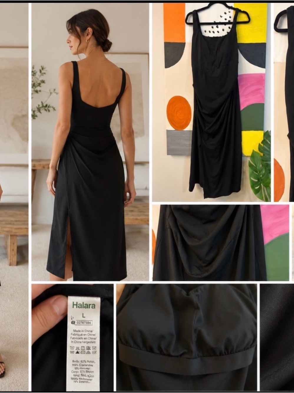 HALARA Black Draped Midi Dress with Side Slit/ large